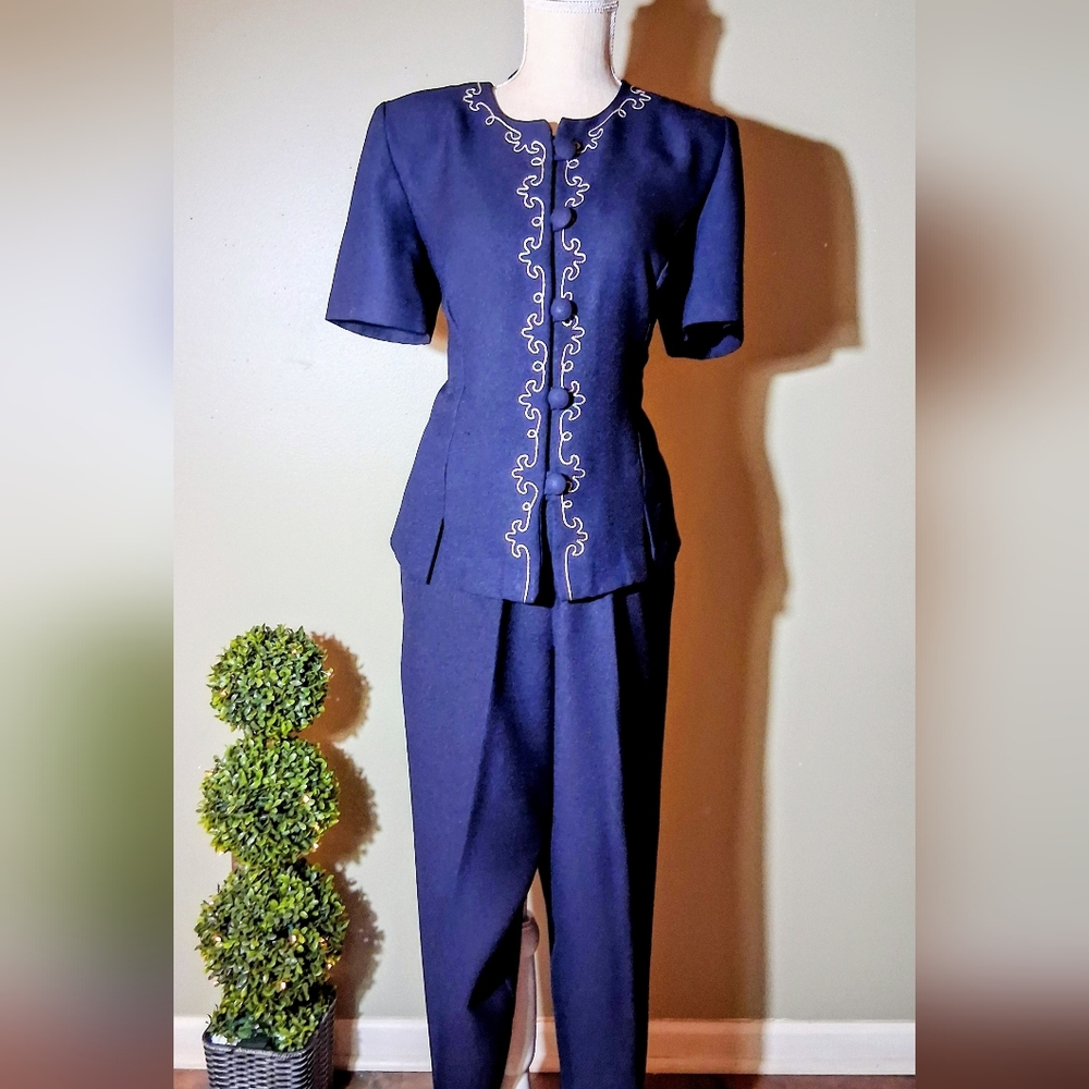 Leslie Fay Vintage Navy Pant Suit - Embroidery, Covered Buttons & More